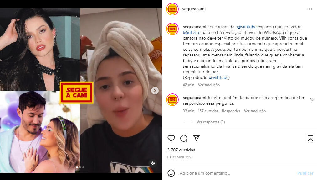 A ex-BBB Juliette Freire diz que não foi convidada para chá revelação e Viih Tube esclarece a história; veja - Reprodução/Instagram