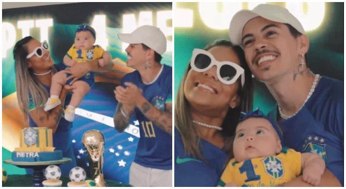 Biel e Tays Reis celebram quatro meses da filha com festa da Copa do Mundo