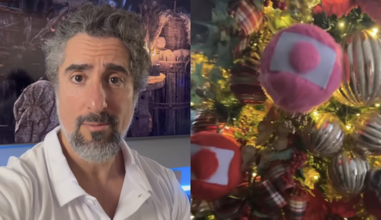 Marcos Mion 'rouba' enfeites do 'Caldeirão' para sua árvore de Natal