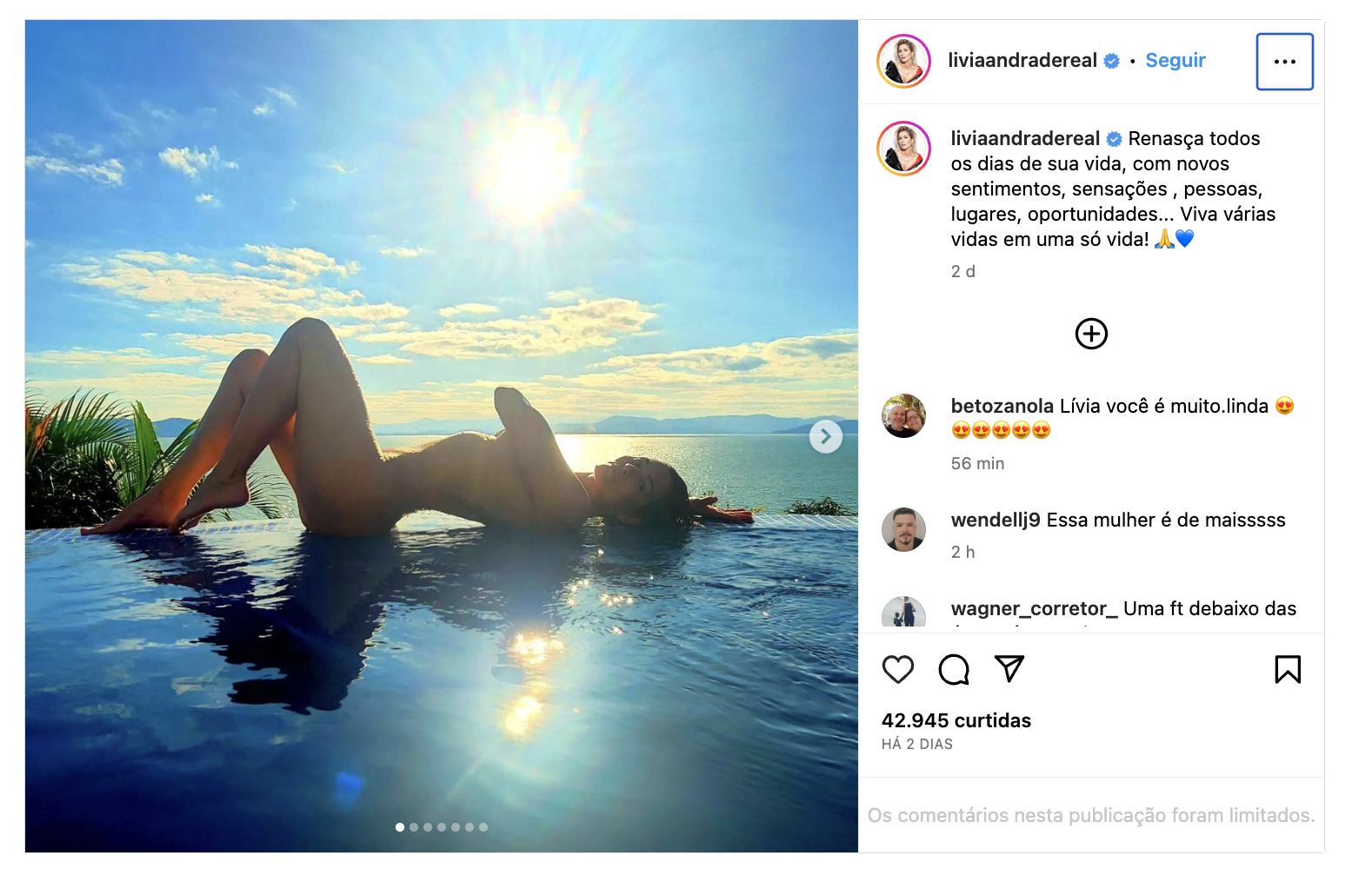 Lívia Andrade recebe elogios após posar nua em piscina com borda infinita; confira as fotos