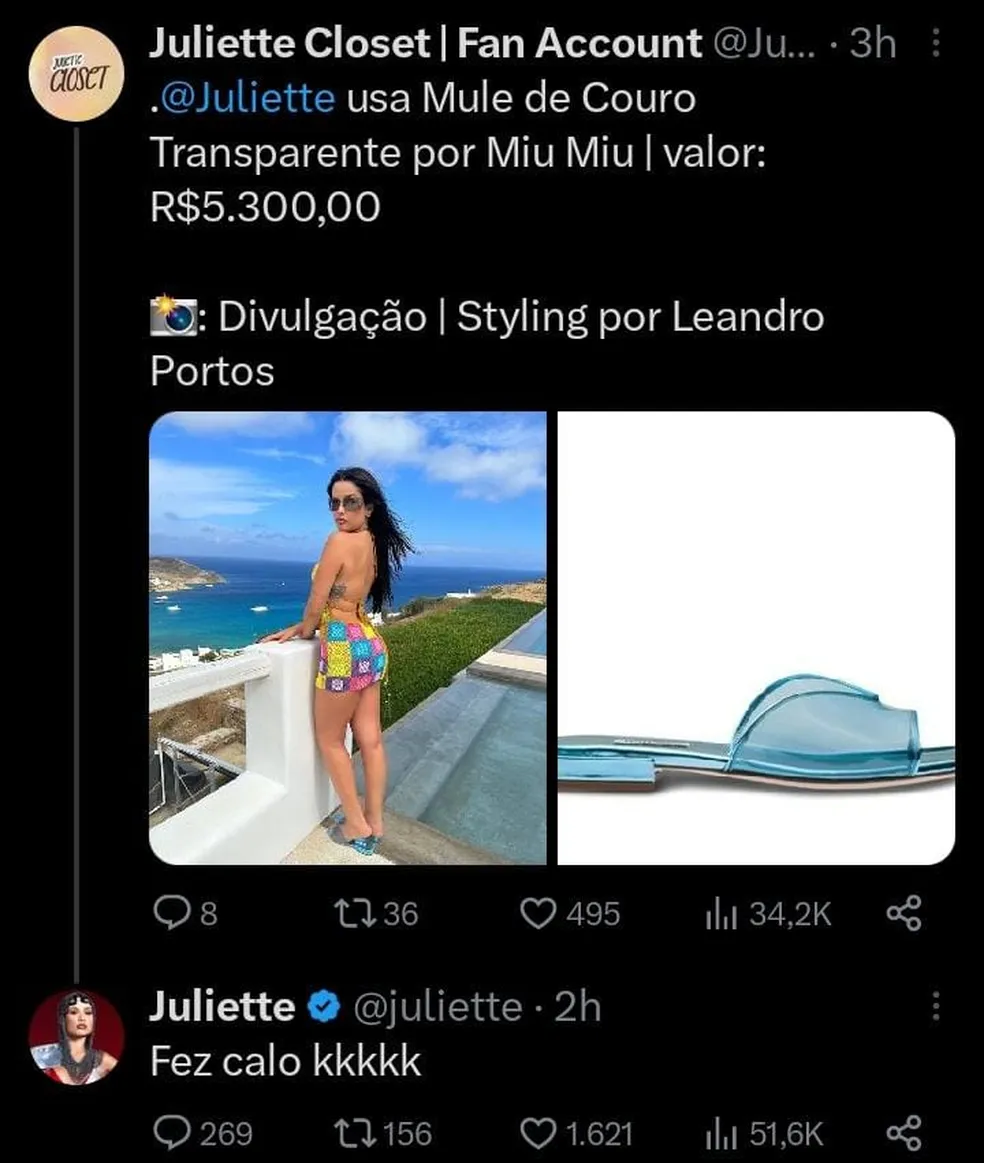 Juliette comenta post de perfil dedicado a falar sobre seus looks e detona calçado — Foto: Reprodução/Twitter
