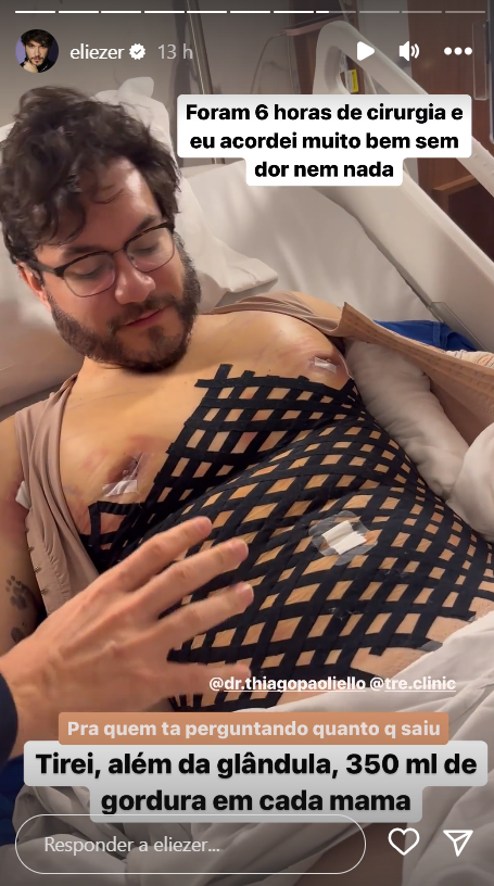 Ex-BBB Eliezer fica surpreso com resultado de cirurgia nas mamas: 