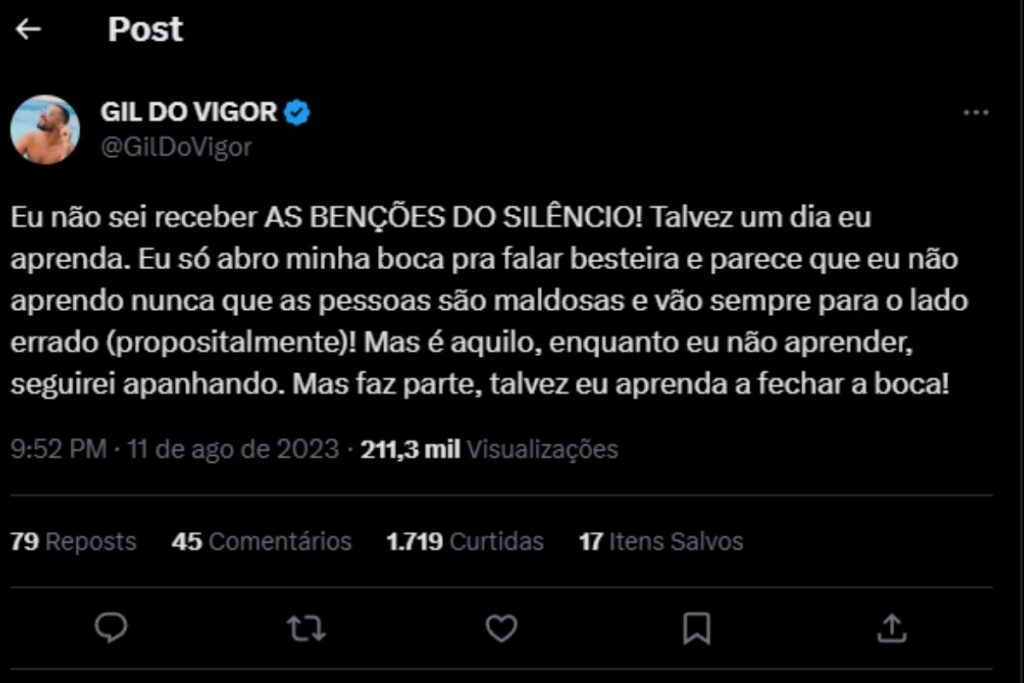 Gil Do Vigor fala em tweet sobre a polêmica do casamento (Reprodução/Twitter)
