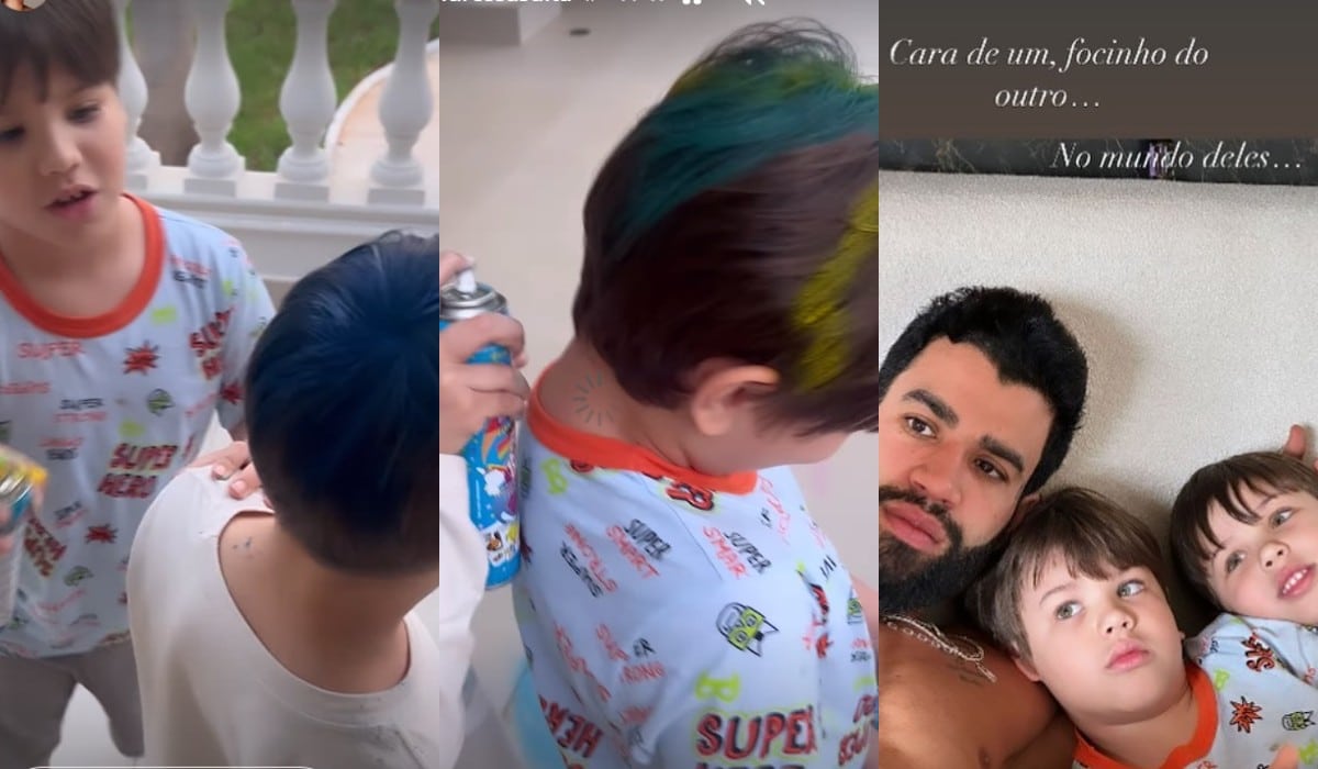 Andressa Suita mostrando os filhos com cabelos coloridos