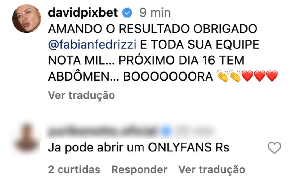 Fãs comentam lipoaspiração de David Brazil — Foto: Reprodução / Instagram