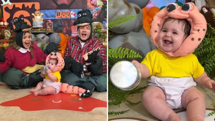 Viih Tube e Eliezer se transformam em dinossauros para festejar 6 meses da filha: 