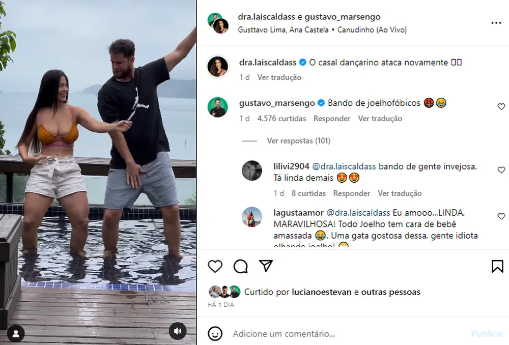 Ex-BBB Laís Caldas cobre os joelhos em dancinha com Gustavo Marsengo