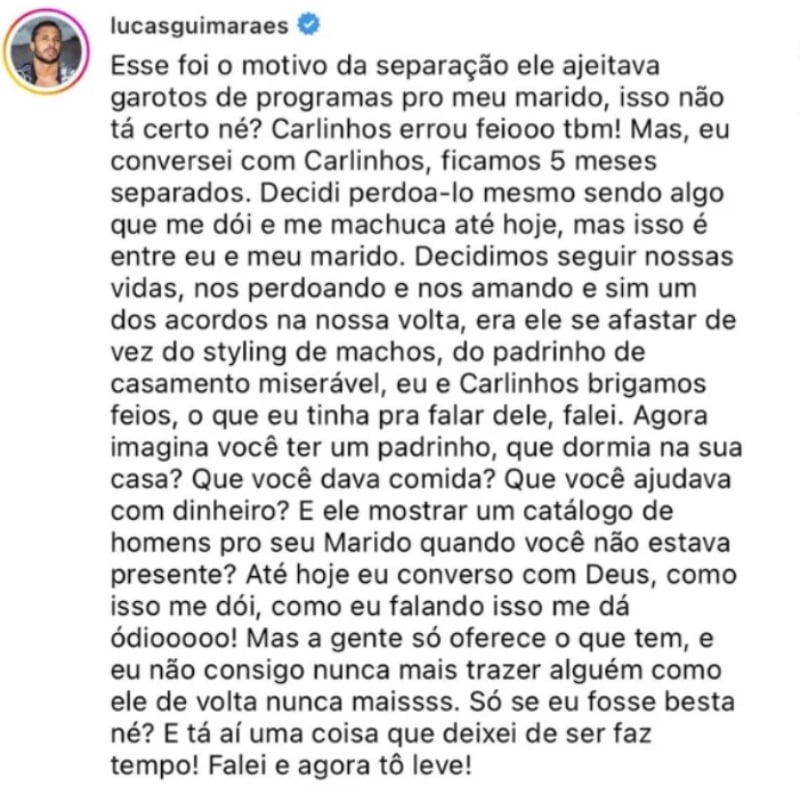 Postagem de Lucas Guimarães sobre Dudu Farias 