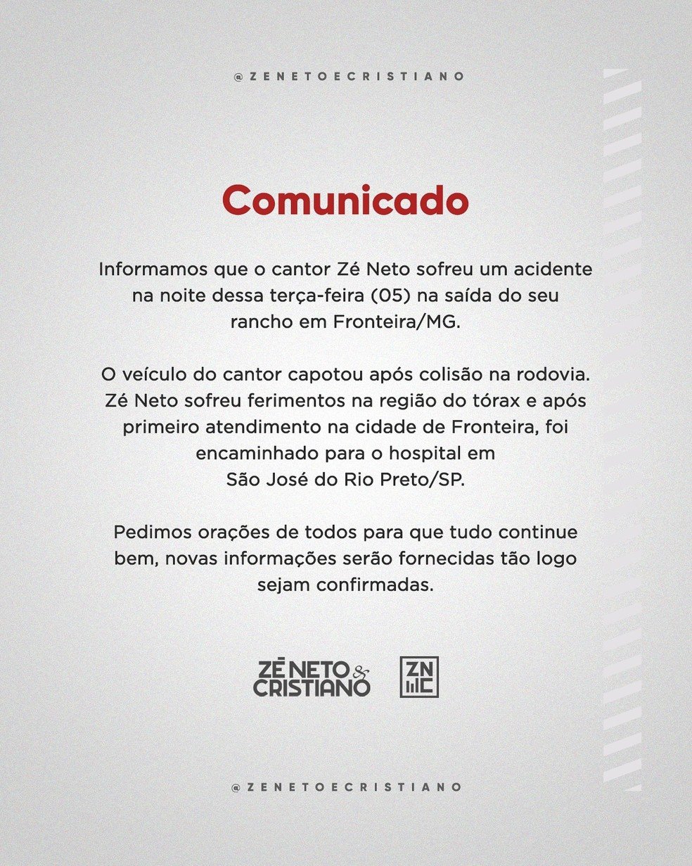 Equipe de Zé Neto pede orações após acidente de carro do sertanejo — Foto: Instagram
