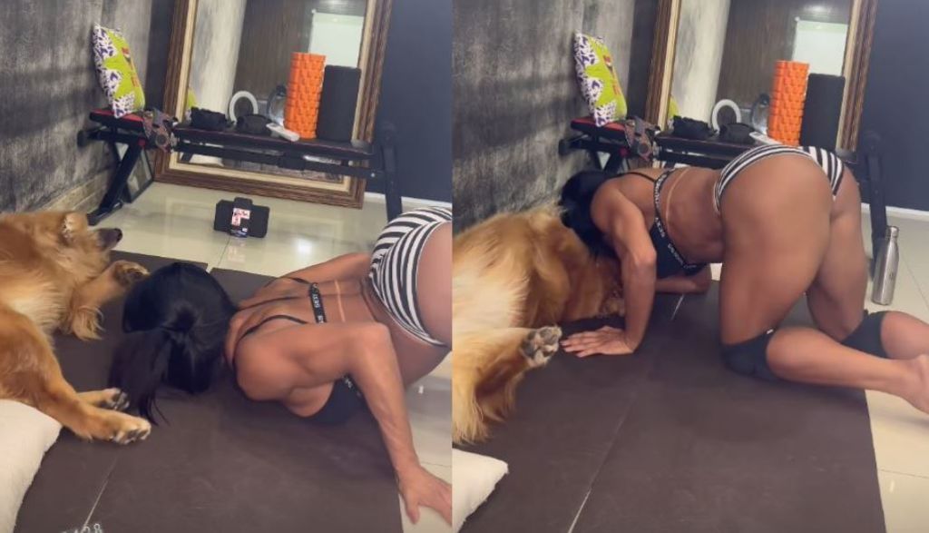 Gracyane Barbosa se distrai com cachorra durante treino online