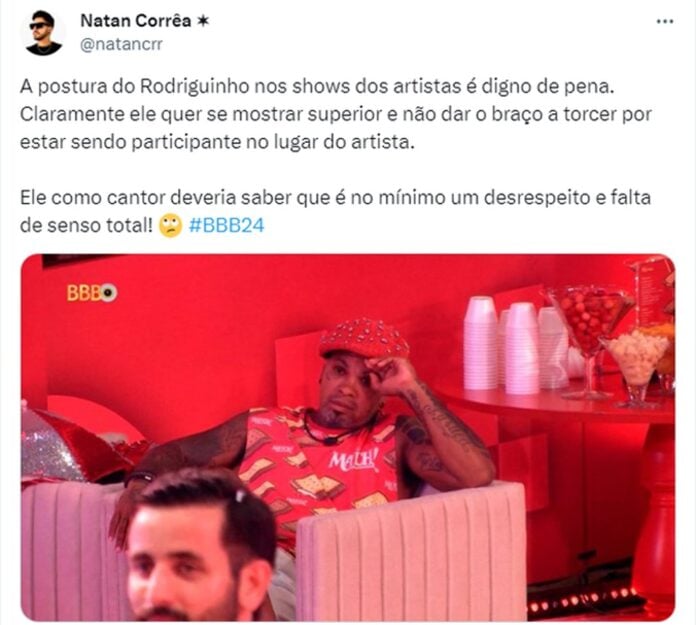 Rodriguinho é criticado por ficar sentado em show de Léo Santana no BBB 24 — Foto: Reprodução/X/Twitter