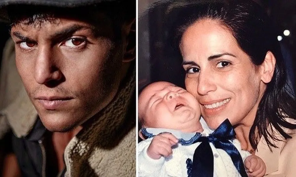 Yan Brito, tio de Tatá Werneck, foi o bebê filho de Gloria Pires na novela "Anjo mau" — Foto: Instagram e Globo