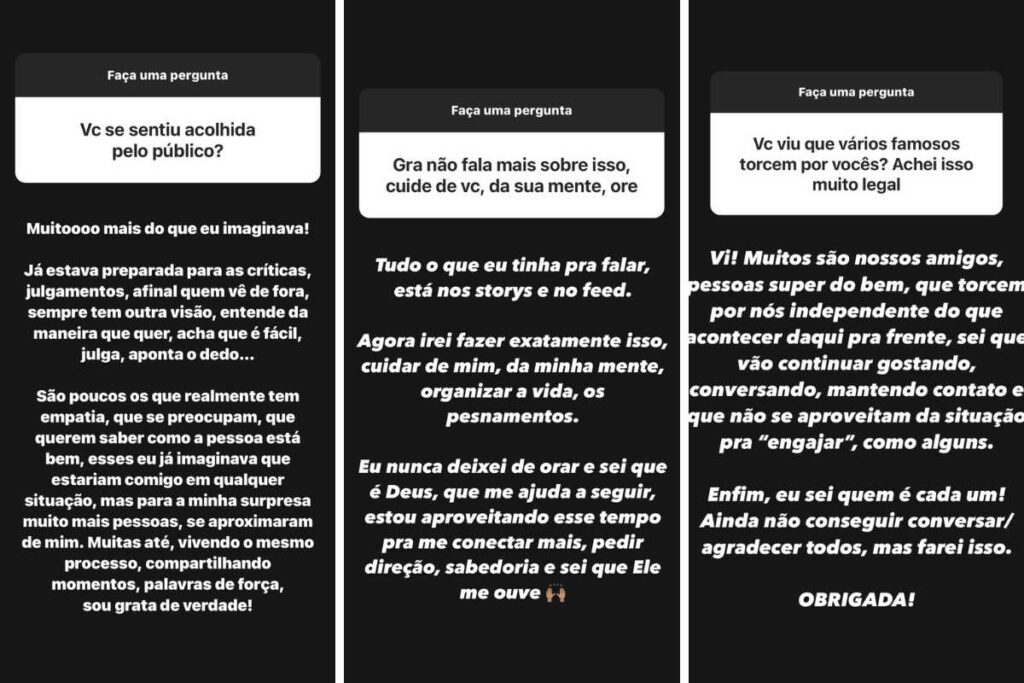 Fotomontagem de stories de Gracyanne Barbosa respondendo perguntas dos fãs