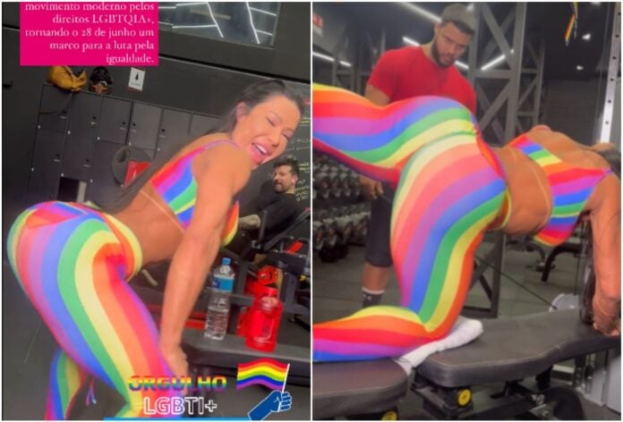 Gracyanne Barbosa treina com look colorido no Dia do Orgulho LGBT+