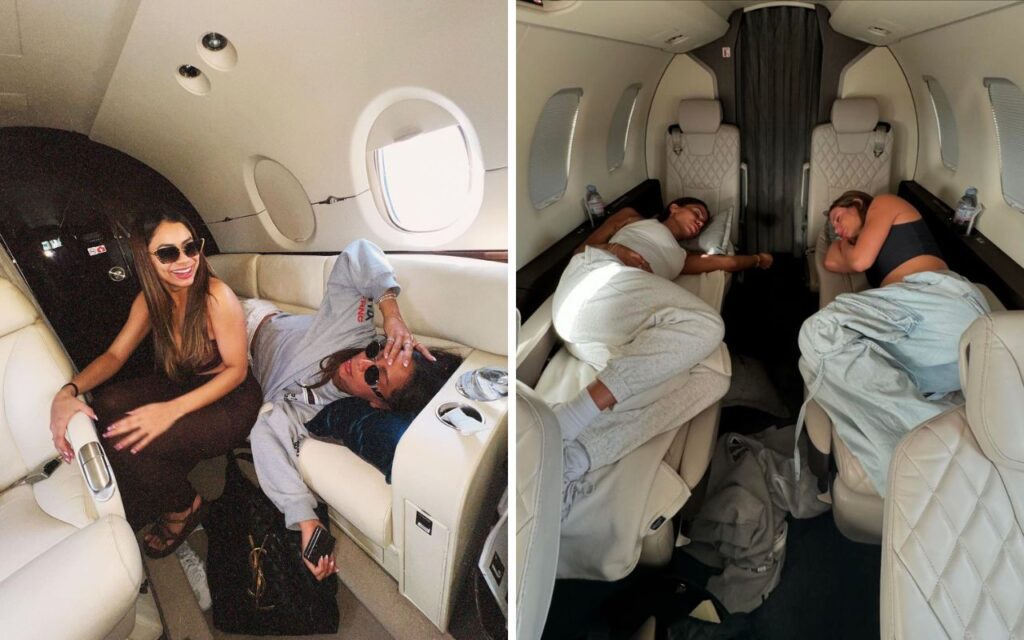 Anitta e Lexa em avião, voltando de férias em Saint-Tropez