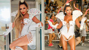 Ana Beatriz Godoi usa look inspirado em ‘cassino’ para ensaio técnico da Rosas de Ouro