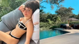 Maiara, exibe boa forma ao posar de biquíni em mansão em Goiânia