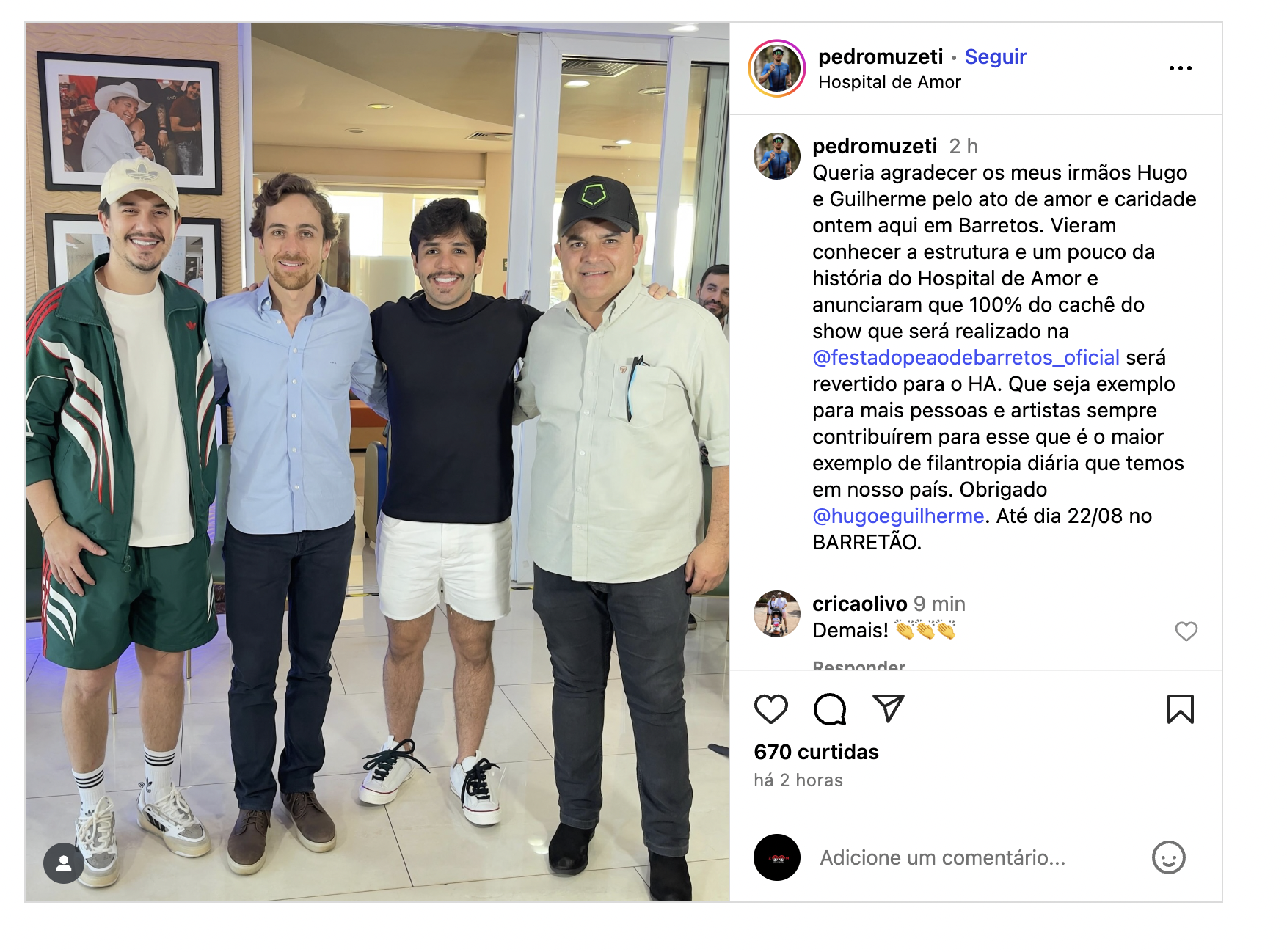 Hugo e Guilherme doam 100% do cachê de show em Barretos para o Hospital de Amor 7 Hugo e Guilherme