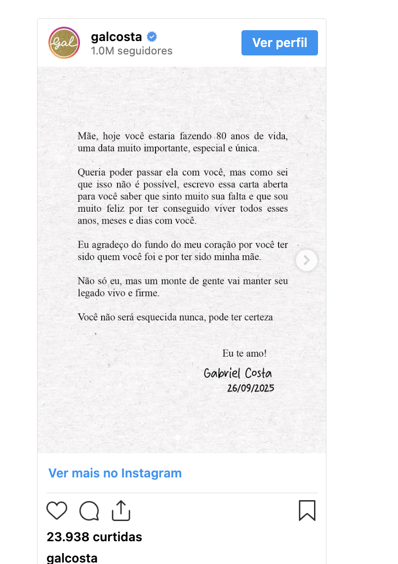 Filho de Gal Costa escreve carta para cantora que completaria 80 anos 19 Gal Costa - Foto: Instagram