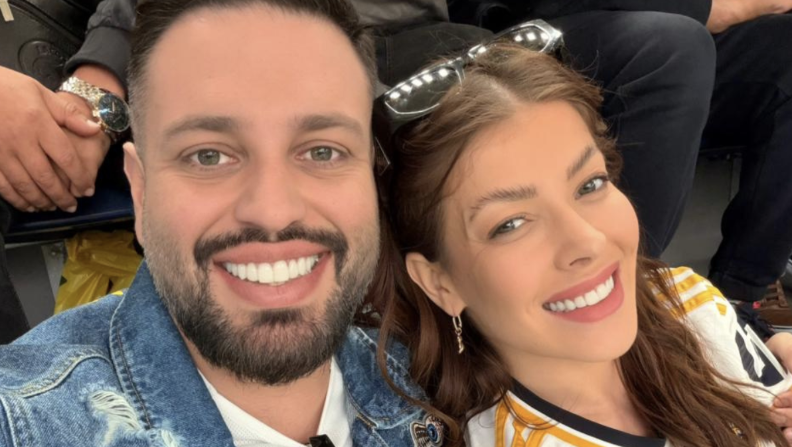 Jaquelline Grohalski assiste jogo do Real Madrid ao lado do namorado Genilson Farias