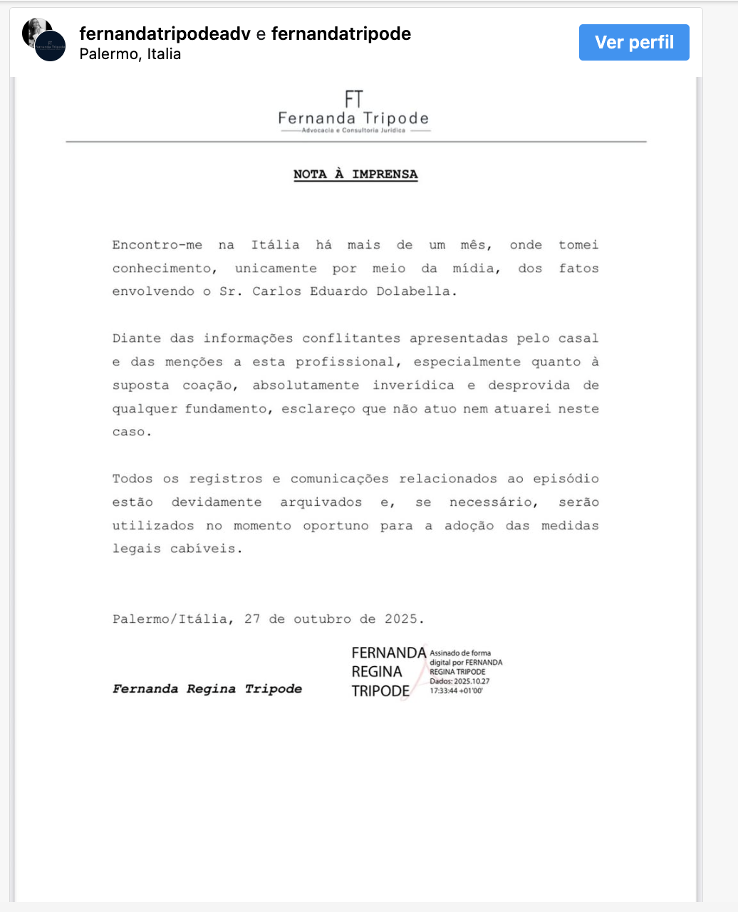 Advogada de Dado Dolabella abandona defesa e explica motivo em nota pública 2 Captura de Tela 2025 10 27 as 22.17.39