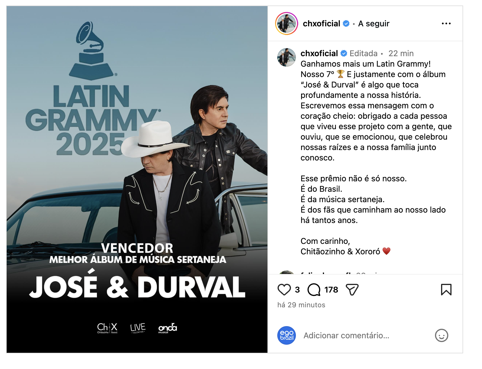 Chitãozinho & Xororó conquistam Grammy Latino 2025 com “José & Durval”