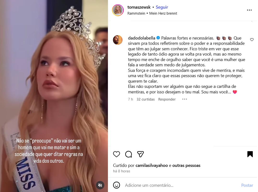Marcela Tomaszewski desabafa sobre ataques após polêmica com Dado Dolabella 9 Dado Dolabella deixa mensagem em apoio à namorada - Foto: Reprodução / Instagram