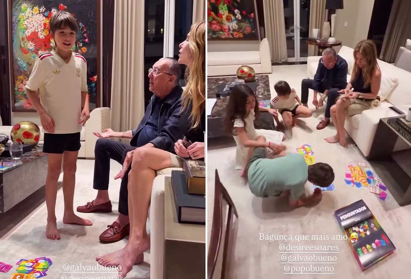 Galvão Bueno curte domingo com esposa, nora e netos após alta hospitalar