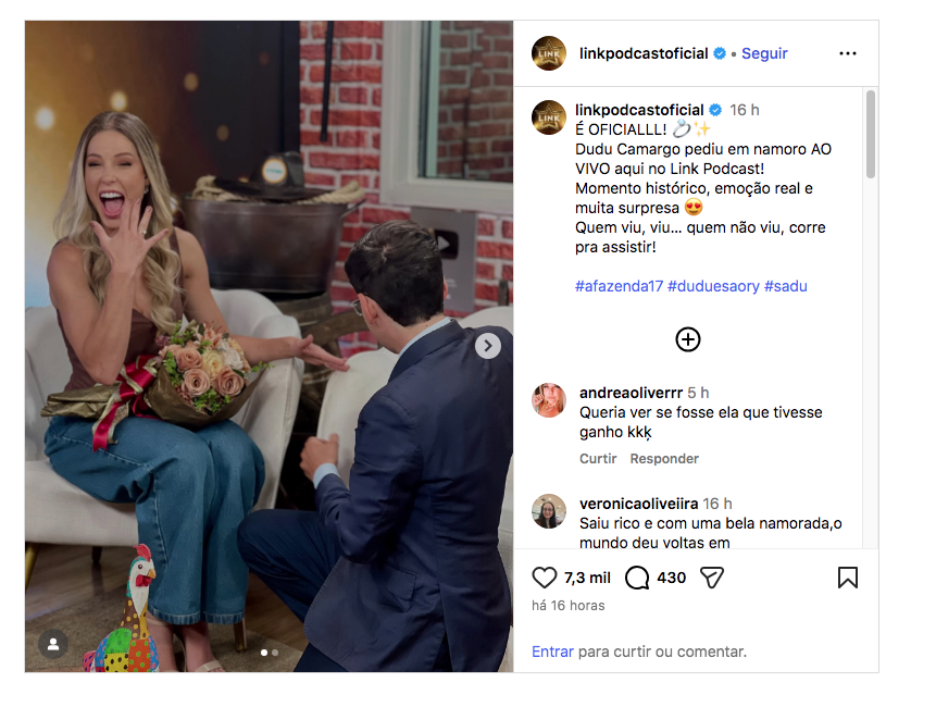 Dudu Camargo pede Saory Cardoso em namoro ao vivo durante podcast