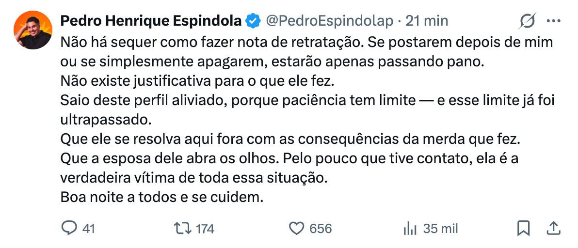 Post da equipe de Pedro - Foto: Reprodução / Globo