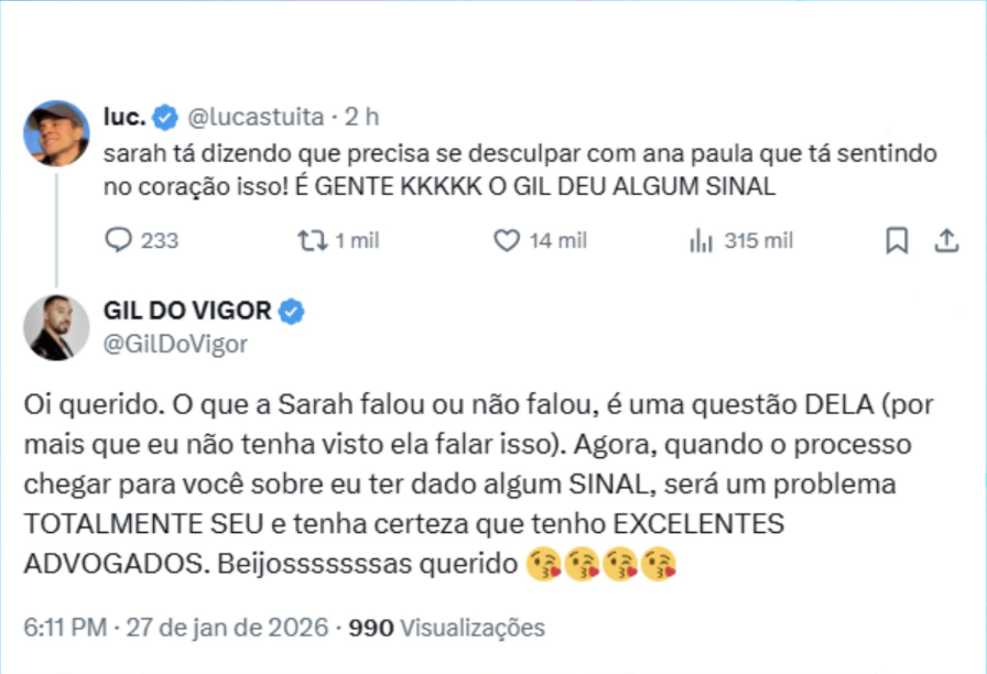 Gil do Vigor ameaça processar internauta após acusação envolvendo Sarah no BBB 26 17 Captura de Tela 2026 01 27 as 23.49.10
