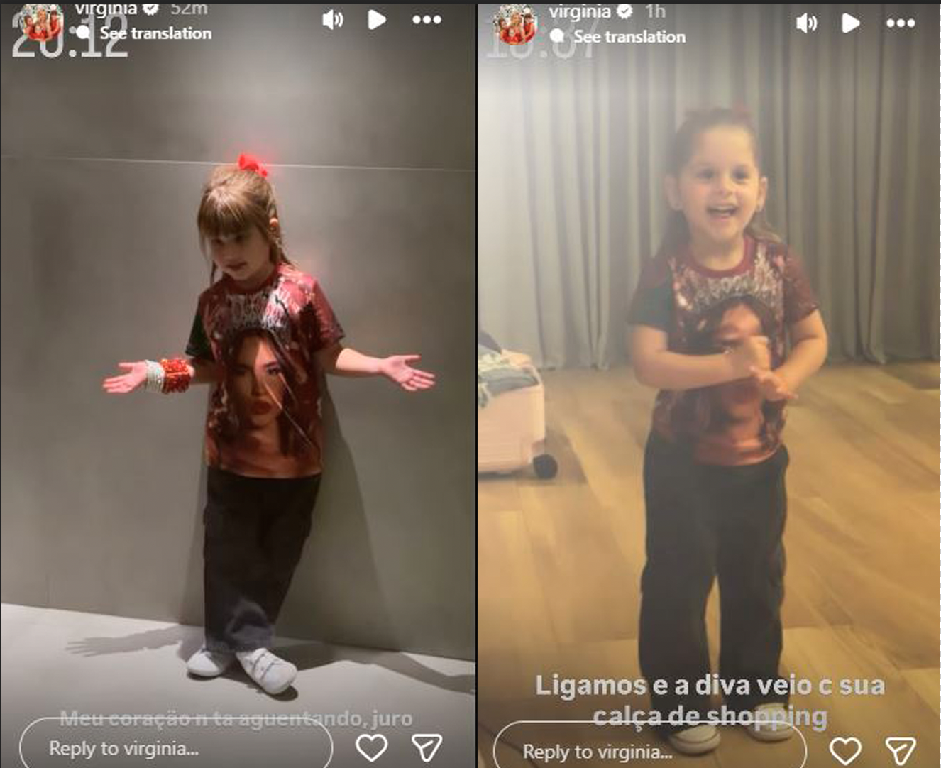 Maria Alice e Maria Flor surgem usando camisetas com o rosto de Virginia Fonseca - Foto: Instagram