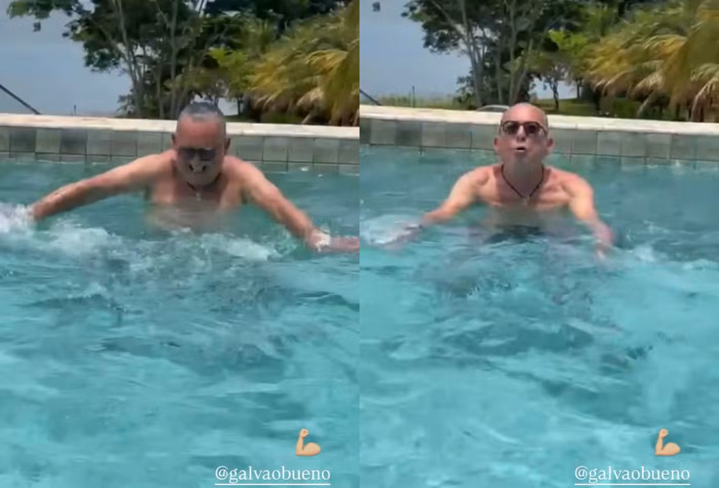 Galvão Bueno se exercita na piscina semanas após internação