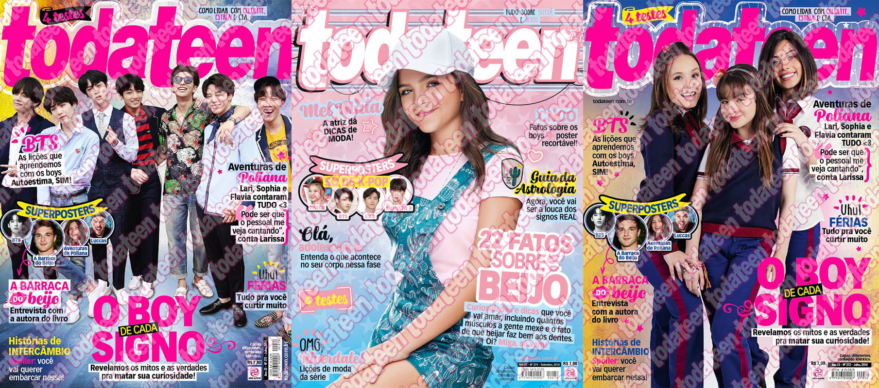 Crédito da imagem: Capas da revista Todateen (Reprodução) com BTS @bts.bighitofficial, Mel Maia @melissamelmaia e elenco de "As Aventuras de Poliana" (Esquerda para direita, respectivamente).