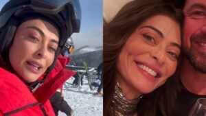 Juliana Paes curte férias em família nos EUA e impressiona ao praticar snowboard