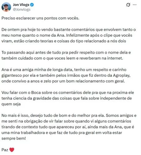 Jon Vlogs nega affair com Ana Castela após flagra em show de Anitta