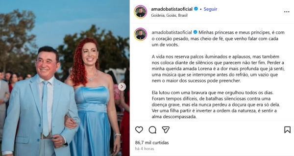 Amado Batista lamenta morte da filha Lorena Alves Batista aos 46 anos