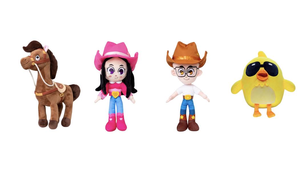 Blake a Boiadeirinha Pereirinha e Pierre personagens em pelucia da Turma da Boiaderinha