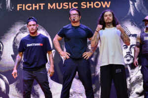 Personalidades participam de entrevista coletiva antes do Fight Music Show, na Zona Sul de SP