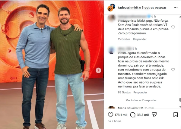 Tadeu Schmidt elogia Jonas Sulzbach após eliminação e divide opiniões