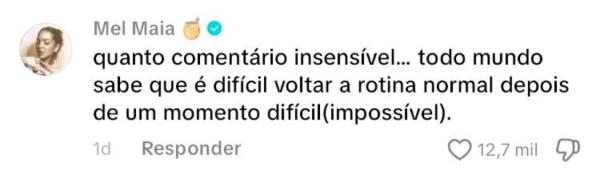 Após a morte da mãe, Mel Maia usa as redes sociais para rebater as críticas feitas ao seu corpo